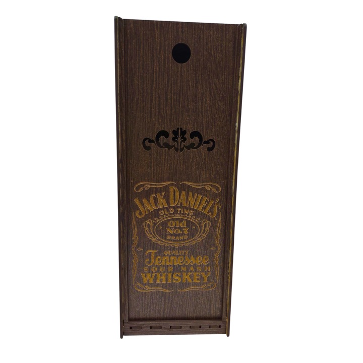 Cutie din lemn pentru whiskey, Jack Daniels, wenge -sigla gravata, pentru aniversare, onomastica, pentru sticla 700 ml, 27x10x10 cm