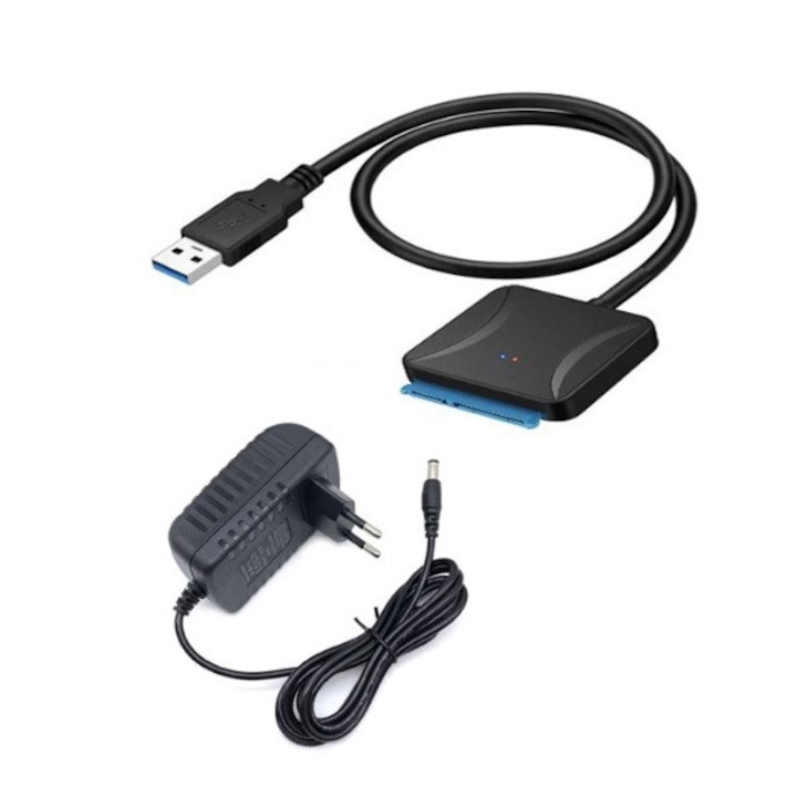 Adaptor USB 3.0 la SATA pentru HDD/SSD extern de 2,5/3.5 inch cu incarcator de de 12V 2A, cablu SATA la USB 3.0, 40cm, Plug and play, PHN Mag, Negru