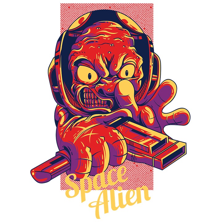 Sticker Cu Astronaut Urat Rosu, Text In Engleza Space Alien, Iubitorii De Filme Sf, cu Margini Albe, PVC Vinyl 90 cm