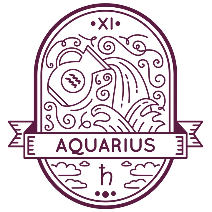 Sticker Cu Semn Zodie Varsator, Vas Curgator De apa, Simbol Aquarius Vintige, Mituri, Zodiac, Mov cu Margini Albe, PVC Vinyl 10 cm