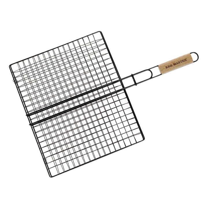 Shopiens® незалепваща решетка за скара с плътна мрежа, идеална за малки парчета месо или зеленчуци, с дървена дръжка, 40 x 33 cm