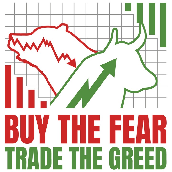 Sticker Personalizata Pentru Investitorii Inteligenti, Cu Mesajul in Engleza Buy the Fear, Trade the Greed, Bursa, Crypto, Investitii, cu Margini Albe, PVC Vinyl 15 cm