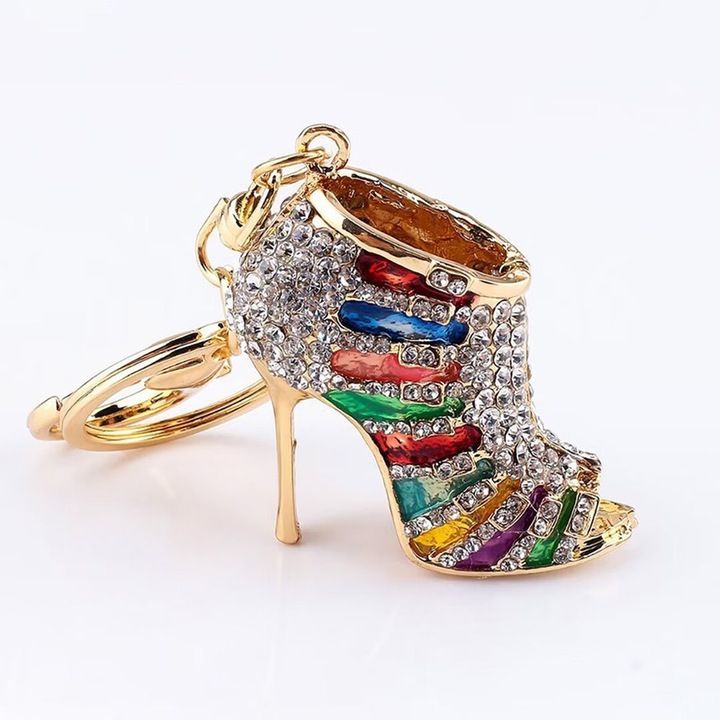 Miniatűr kulcstartó cipő sarokkal, fém, tarka