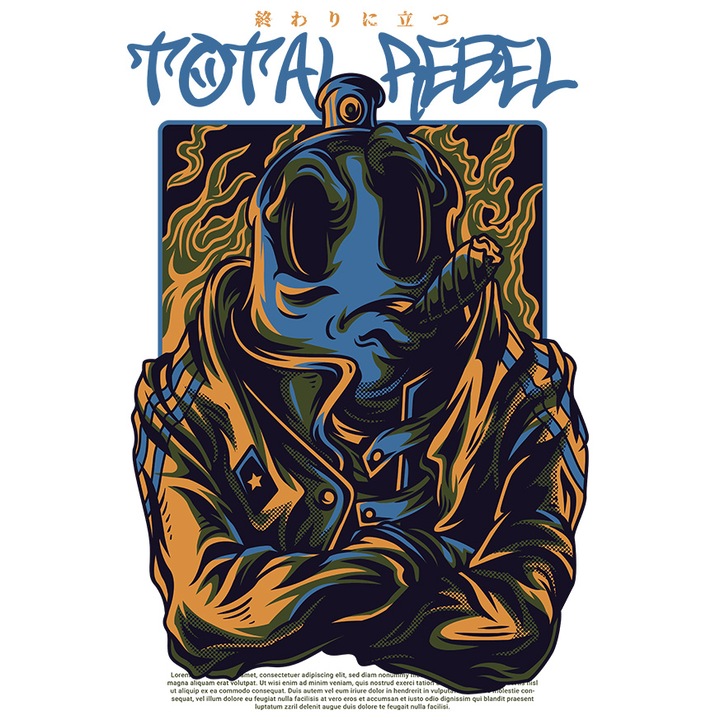 Sticker Cu Text albastru In Engleza Total Rebel, Chip Bizara Cu Tigara In Geaca De Piele, Iubitorii De Filme Sf, cu Margini Albe, PVC Vinyl 23 cm