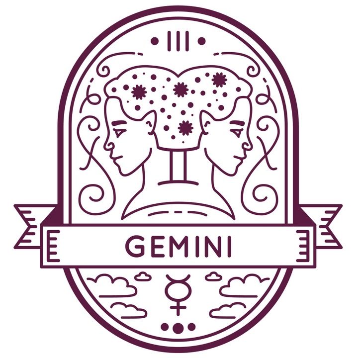 Sticker Cu Semn Zodie Gemeni, Chipuri Spate In Spate, Simbol Gemini Vintige, Mituri, Zodiac, Mov cu Margini Albe, PVC Vinyl 15 cm