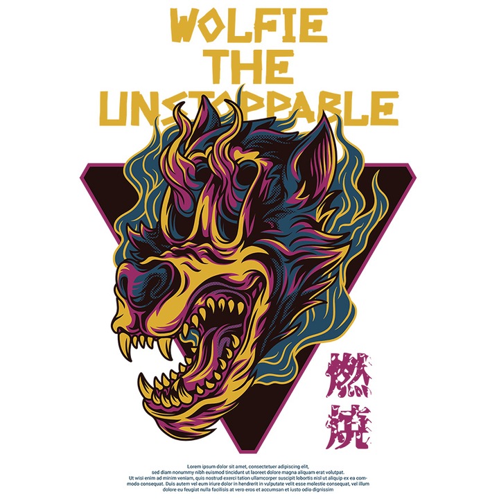 Sticker Cu Cap De Lup In Flacari Cu Colti Lungi, Text In Engleza Wolfie The Unstoppable, Cultura Japoneza, Iubitorii De Filme Sf, cu Margini Albe, PVC Vinyl 23 cm