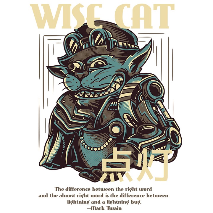 Sticker Cu Portret Pisica Cu Palarie Inalta Si Tinuta Bizara, Desene Anime, Text In Engleza Wise Cat, Iubitorii De Pisici Si Motani, cu Margini Albe, PVC Vinyl 10 cm