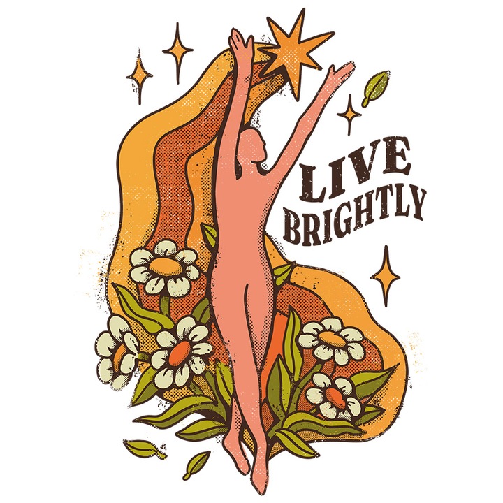 Sticker Personalizata Pentru Iubitorii de Yoga, Meditatie, Pace cu Mesajul Motivational in Engleza Live Brightly, cu Margini Albe, PVC Vinyl 70 cm