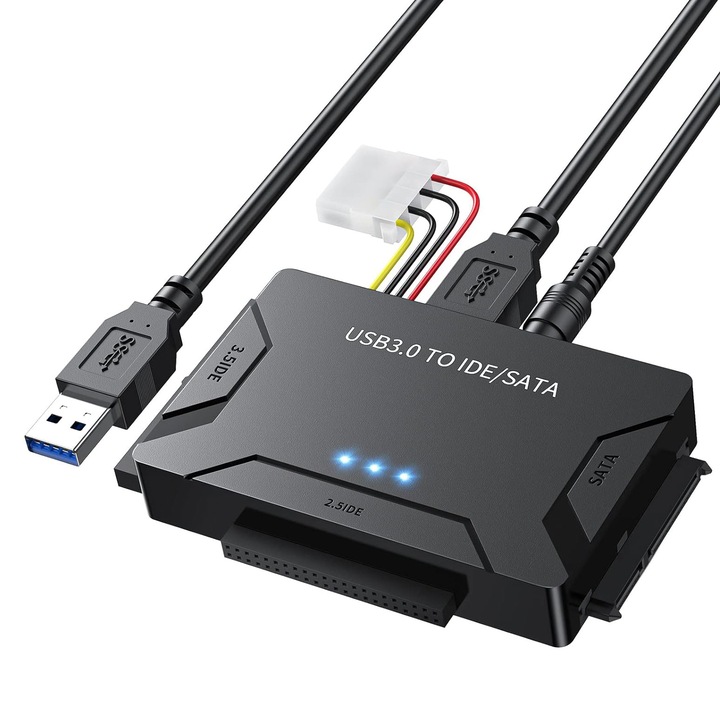 Adaptor USB 3.0 la SATA si IDE, cu intrerupator alimentare, suport HDD/SSD 2.5''/3.5'', compatibil Windows XP/Vista/7/8/10, OUYLAF, Negru