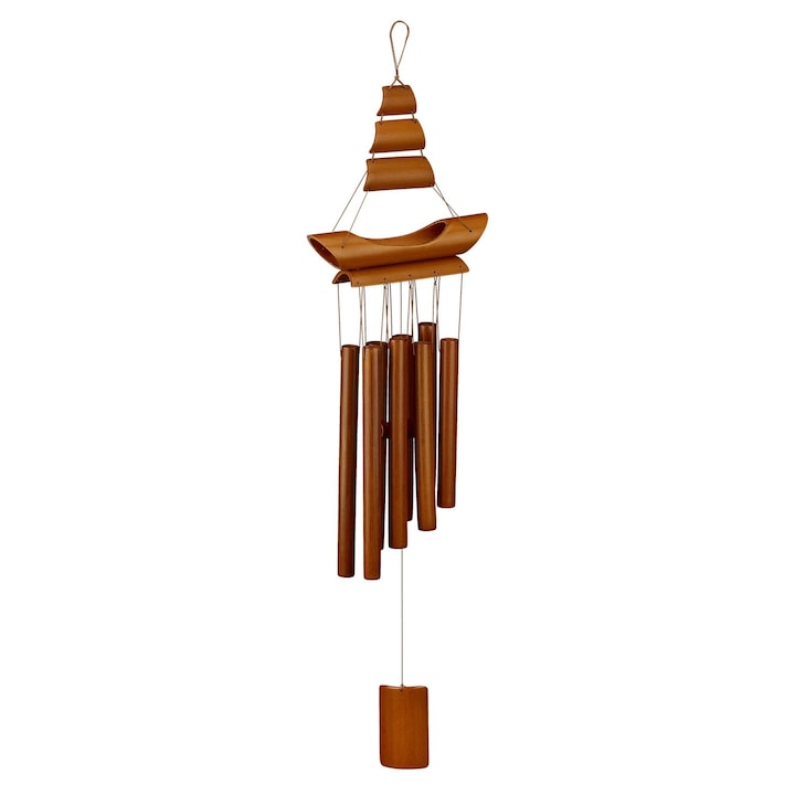 Bambusz szélcsengő, időjárásálló, erkélyre vagy kertbe, gyönyörű hangzás, vitorlás minta, barna, 72 x 20 x 6 cm