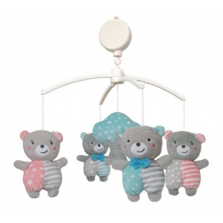 Baby Mix zenés kiságyforgó, babáknak 4 szürke macival, gyermekágyhoz