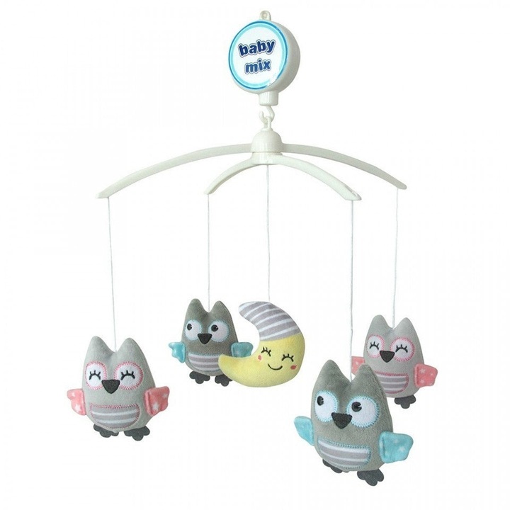 Carusel muzical pentru bebelusi Baby Mix, cu plusuri bufnite si luna, de culoare gri