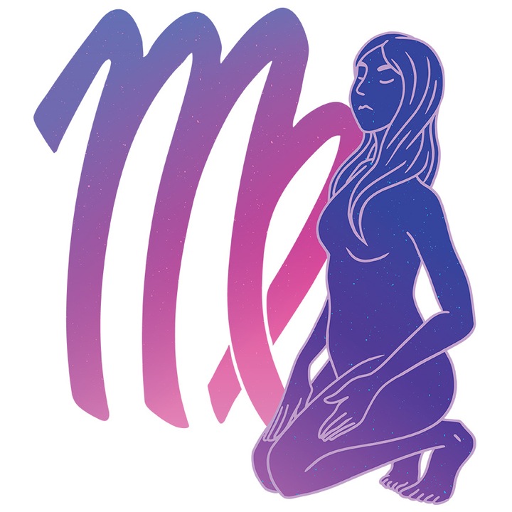 Sticker Cu Semn Zodie Fecioara, Femeie Dezgolita, Albastru, Mituri, Zodiac, Multicolor cu Margini Albe, PVC Vinyl 28 cm