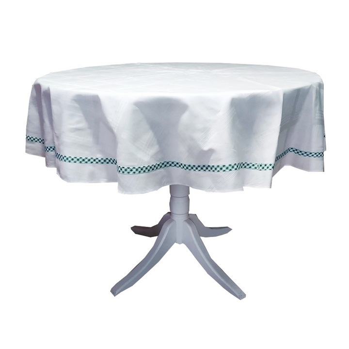 Fata de masa rotunda, 140 cm, Casa Bucuriei, model paspoal, alb/verde, bumbac