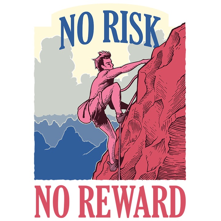 Sticker Cu Om Catarand Un Munte, Mesaj Motivational In Engleza No Risk No Reward, Iubitorii De Aventura, cu Margini Albe, PVC Vinyl 40 cm