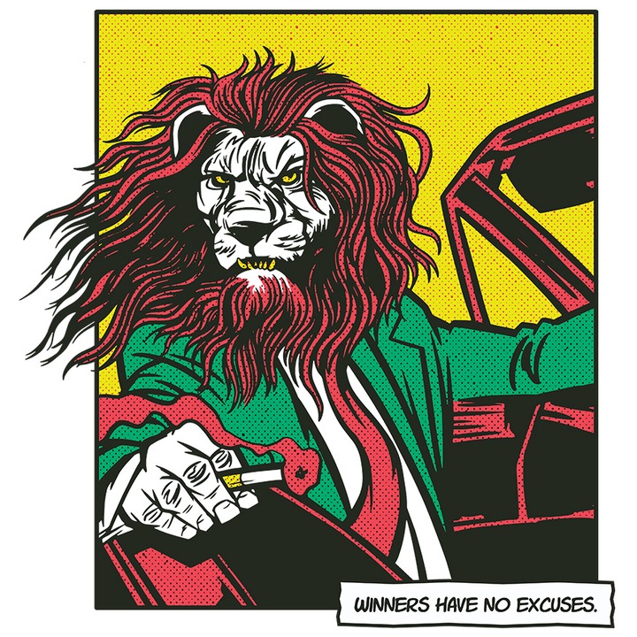 Sticker Personalizata Leu conducand o Masina cu Mesajul Motivational in Engleza Winners have No Excuses, cu Margini Albe, PVC Vinyl 40 cm