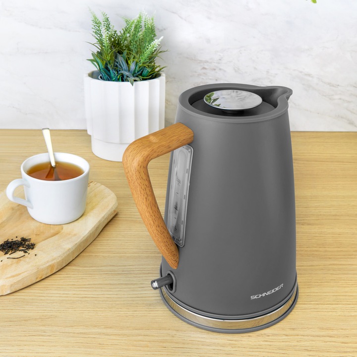Fierbator electric Schneider, Colectia FJORD, 1.7 litri, 2200 W, finisaj mat, oprire automata, indicator nivel apa, design scandinav, otel inoxidabil si ABS, maner practic, turnare usoara, baza rotativa, element incalzire ascuns, gri
