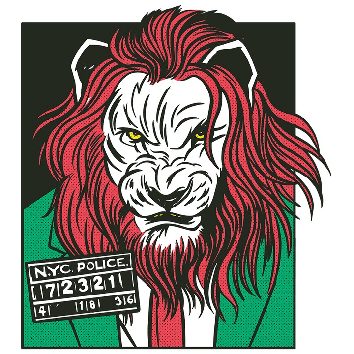 Sticker Personalizata Leu, Benzi Desenate, Arta Abstracta, cu Margini Albe, PVC Vinyl 40 cm