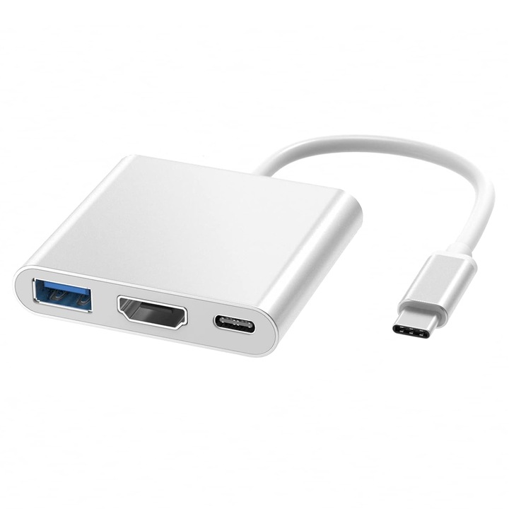3 в 1 многопортов адаптер, USB C към HDMI, USB 3.0, 5Gbps, съвместим с MacBook Pro/Air, Google Chromebook, HP, Samsung S8/S9+, OUYLAF, бял