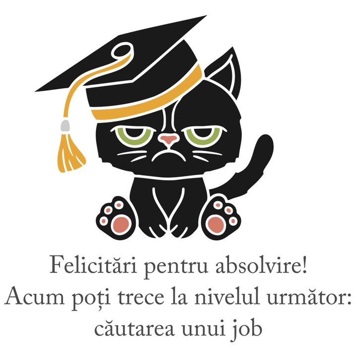 Sticker Cu Pisica Suparata Palarie Absolvire, Text Felicitari Pentru Absolvire Acum Poti trece La Urmatorul Nivel: Cautarea Unui job, Iubitorii De Animale Blanoase, Negru cu Margini Albe, PVC Vinyl 10 cm