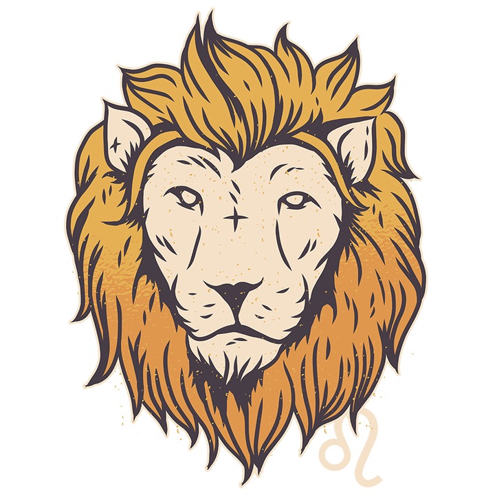 Sticker Cu Semn Zodiac Leu, Portre Regele Junglei, Leo, Semn Simbolic Iubitorii De Zodiac, cu Margini Albe, PVC Vinyl 15 cm