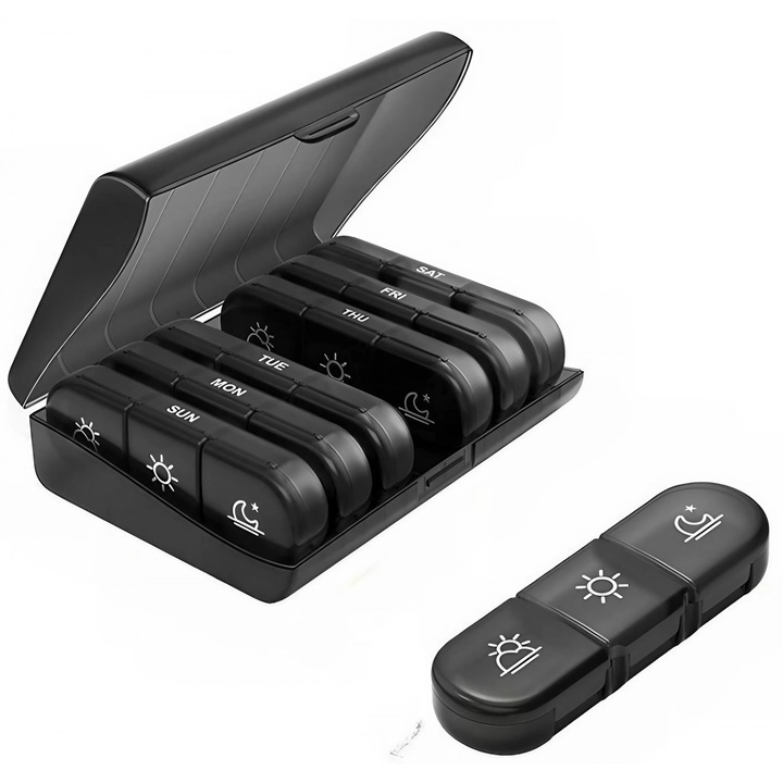 Кутия за съхранение на лекарства, Flippy, 7 дни, 21 отделения, подвижни контейнери, преносима, черна, 15,6x12 cm