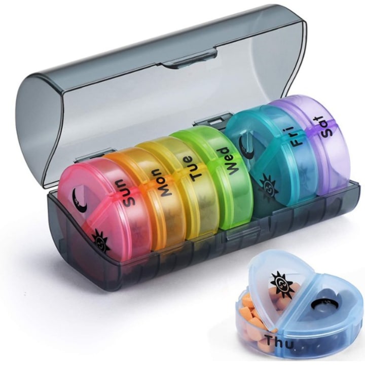 Кутия за съхранение на лекарства, Flippy, 7 дни, 14 отделения, подвижни контейнери, преносими, цветни контейнери, черна стойка, 17,5x11x9,5 cm