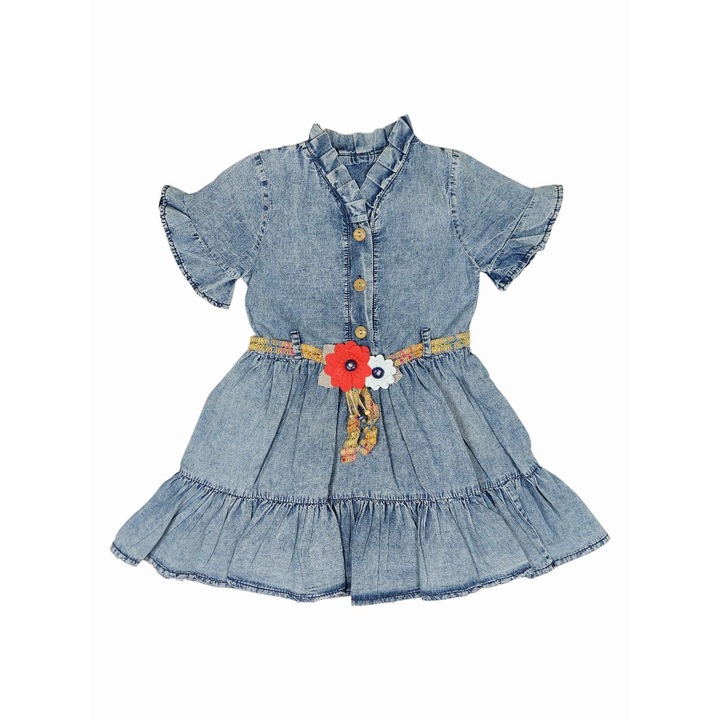 Дънкова рокля JEANETTE за деца/момичета, ERAKIDS, декоративен шнур, волани, лека материя, 100% премиум памук, син деним