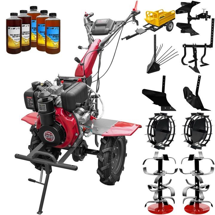 Motocultor Weima WM1100AE-6, pornire electrica, motor 7 CP, diesel, 6 viteze, latime lucru 110 cm, freze, roti cauciuc 4.00-10, reductor usor/greu, roti metal, plug arat, rarita reglabila, plug cartofi, cultivator, plug reversibil, remorca, 5l ulei