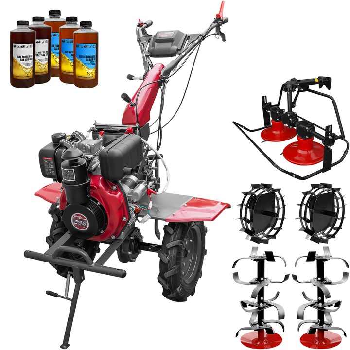 Motocultor Weima WM1100AE-6, pornire electrica, motor 7 CP, diesel, 6 viteze, latime lucru 110 cm, freze, roti cauciuc 4.00-10, reductor usor/greu, roti metal, cositoare tambur rotativ, 5l ulei