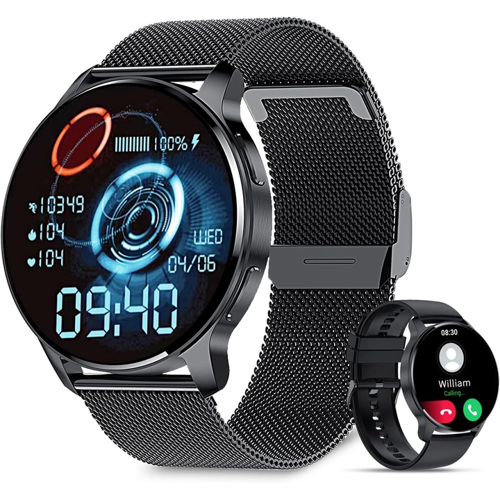 WiX™SPORT okosóra 1,32" AMOLED, Hívások fogadása/indítása, AI Voice Assistant, 24 órás fitneszkövető, HR/EKG/alvás/SpO2 monitor, zene/kamera vezérlés, értesítések, riasztás, barkácstárcsa, fém és szilikon szíj, True Fekete