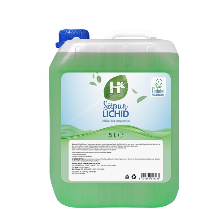 Sapun lichid, Higeea, 5L, eticheta ecologica, compatibil cu dispensere de sapun lichid, delicat cu pielea