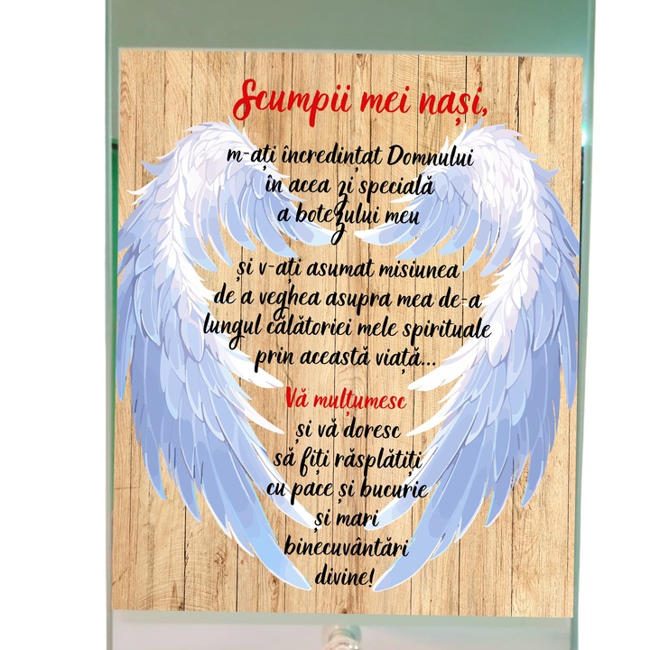 Placheta sticla, personalizata cu mesaj, pentru nasii de botez, 23x15cm