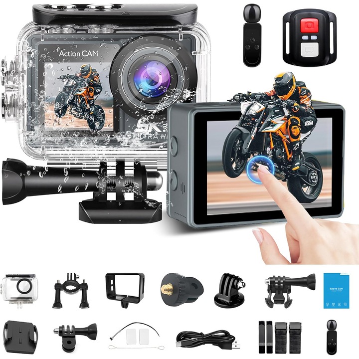 Camera De Actiune 5K Ultra HD LUKETO®, Ecran 2 inch, 256GB, Video 60 FPS 4K, Foto 24 MP, Unghi larg 170°, Port HDMI si USB-C, Stabilizator Imagine, Slow motion, Time lapse, Baterie 900 mAh, Rezistenta La Apa, Design Modern, Calitate Premium, Negru