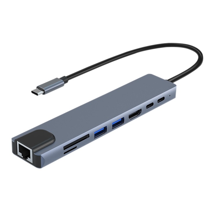 Хъб адаптер 8 в 1, BLEKSY®, USB-C към HDMI 4K/30Hz, 1 x LAN RJ45 100 Mbs, 1 x USB-C, 1 x USB 3.0, 1 x USB 2.0, 1 x Power Delivery 87W, четец на карти TF /SD, докинг станция за MacBook Air/Pro и лаптоп