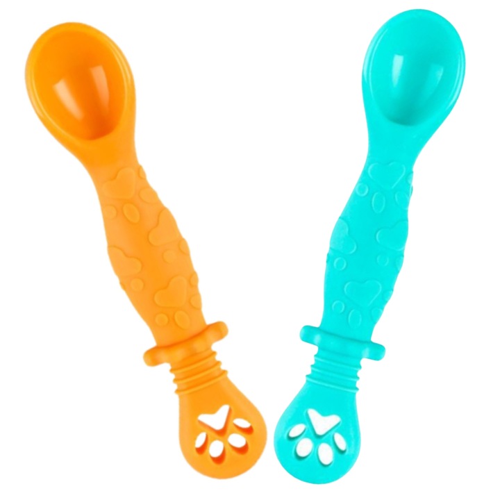 Set 2 Pre Lingurite Bebelusi pentru Hranire si Diversificare la Bebe de 4-24 luni, din Silicon, 2 Capete, Aurie si Turcoaz
