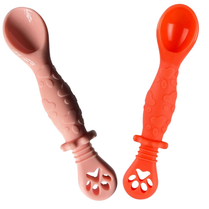 Set 2 Pre Lingurite Bebelusi pentru Hranire si Diversificare la Bebe de 4-24 luni, din Silicon, 2 Capete, Roz si Portocalie
