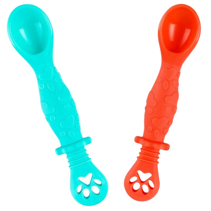 Set 2 Pre Lingurite Bebelusi pentru Hranire si Diversificare la Bebe de 4-24 luni, din Silicon, 2 Capete, Turcoaz si Portocalie