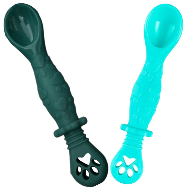 Set 2 Pre Lingurite Bebelusi pentru Hranire si Diversificare la Bebe de 4-24 luni, din Silicon, 2 Capete, Verde si Turcoaz