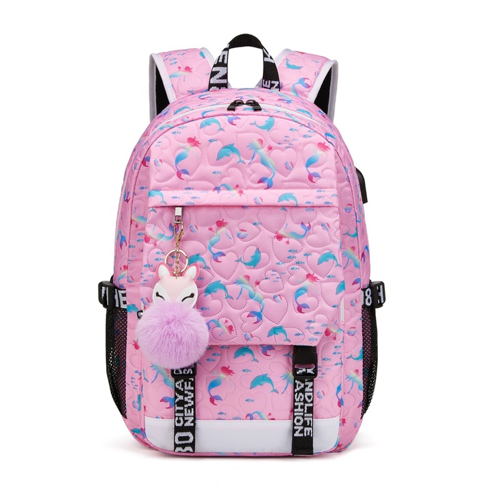 Ghiozdan smart, multifunctional, cu port USB, imprimeu Sirene, rezistent, 44x27x14 cm, Roz