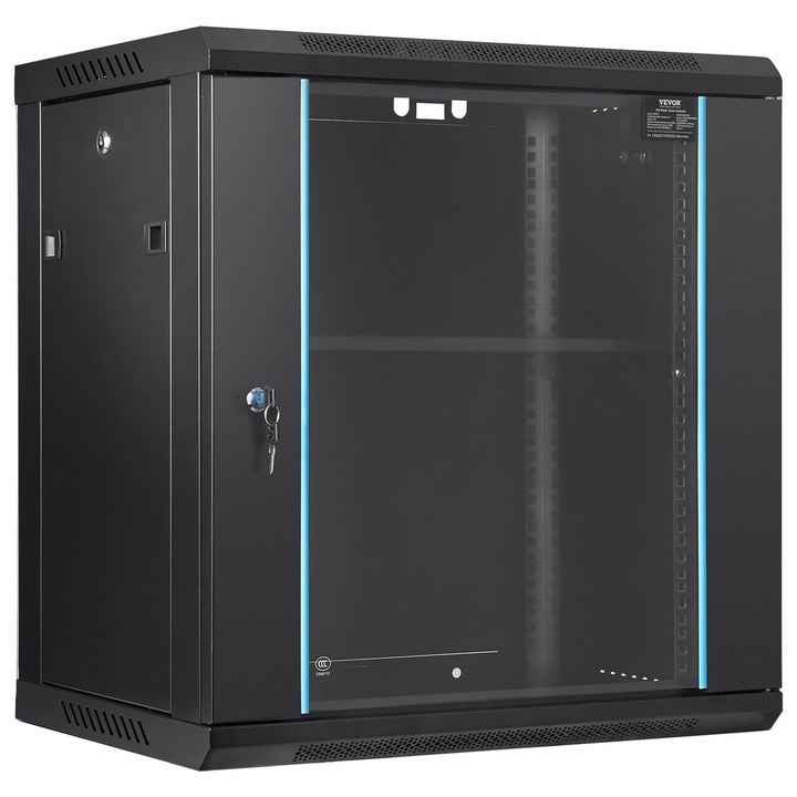 Rack metalic de perete 19'', Vevor 12U, usa din sticla, 640 x 450 x 600 mm, Montare pe perete