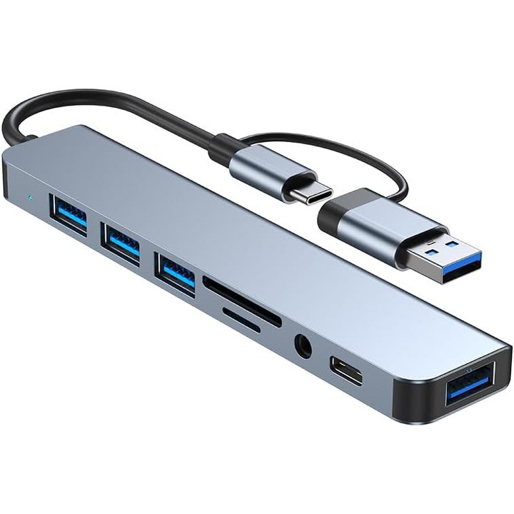 8 в 1 HUB адаптер, BLEKSY®, 3.0 и Type-C входен жак, 3 USB 2.0 порта, 1 USB 3.0 порт, 1 USB-C порт, 1 аудио жак порт, TF/SD карта