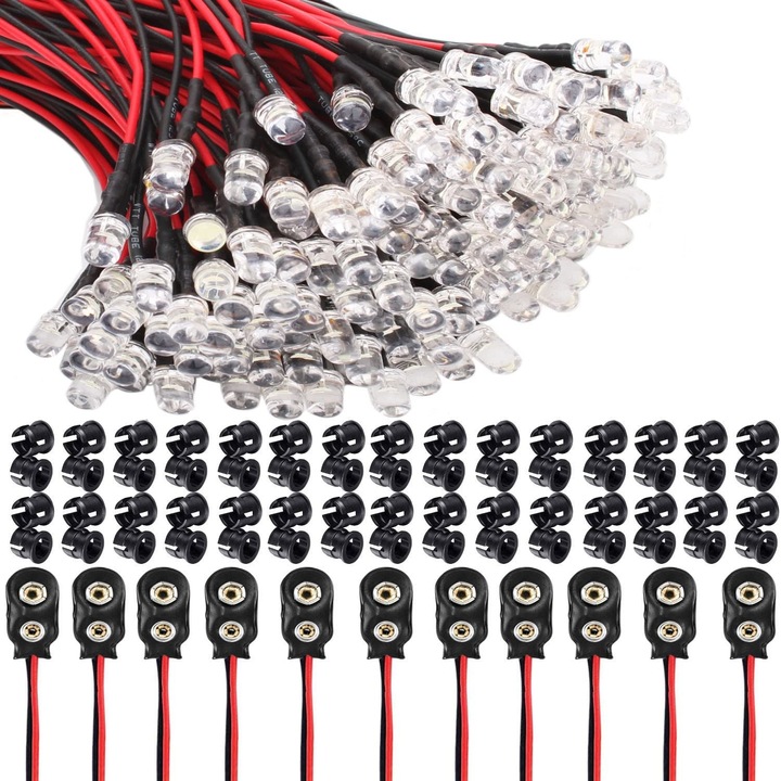 Комплект от 60 12V LED диода с 20 см кабел, 10 конектора за 9V батерия, 60 5 mm LED държача, 6 цвята, за хоби осветление, лодка, индустрия, играчки, сватбена украса, моден дизайн