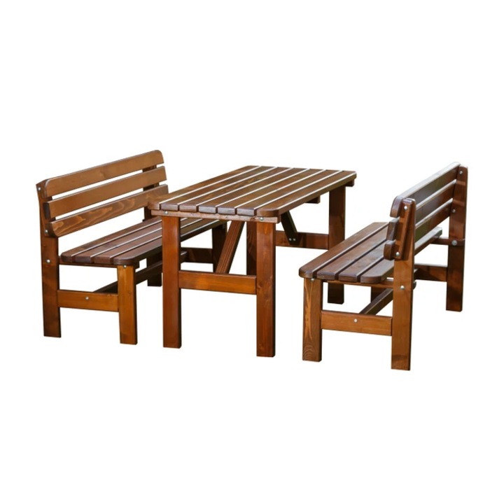 Set mobilier gradina DacEnergy©, o masa si 2 banci cu spatar, forma dreptunghiulara, din lemn de molid masiv, partial montat, 150 x 70 x 74 cm, maro inchis