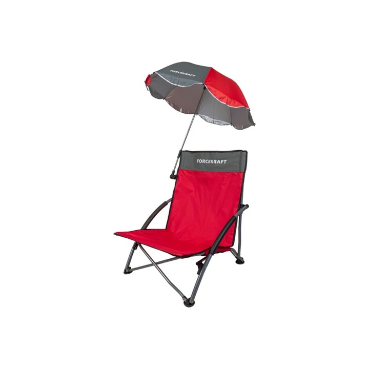 Scaun pliant pentru camping cu umbrela, cadru metal, rosu, 54 x 52 x 60 cm