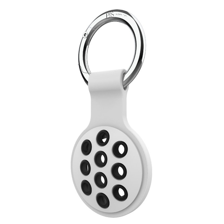 Husa pentru AirTag din silicon, PS Products, pentru protectie, cu breloc, Alb/Negru