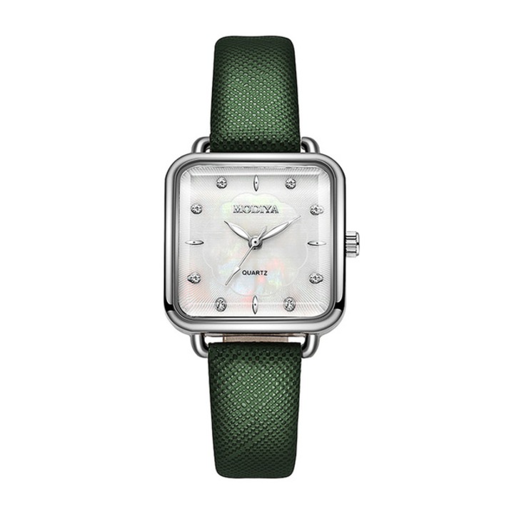 Ceas Patrat Modiya, Leather Effect, Elegant, Verde si Argintiu
