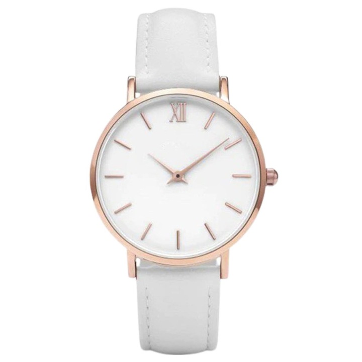 Ceas de Dama, Glamour, Leather effect, Alb/Auriu