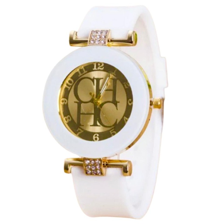 Ceas de Dama, Model Geneva, Silicon, Alb/Auriu