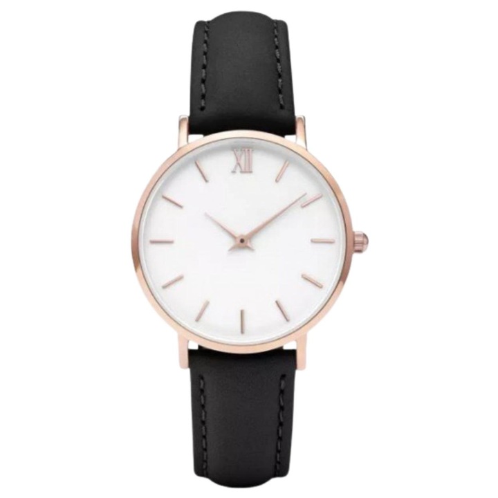 Ceas de Dama, Glamour, Leather effect, Negru/Auriu